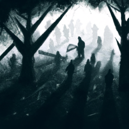 A digital illustration of a horror-filled scene, featuring a shadowy figure wielding a chainsaw, surrounded by a horde of zombies.