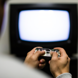 description: an anonymous person holding a nintendo controller, their eyes focused on the television screen displaying a classic nes game.